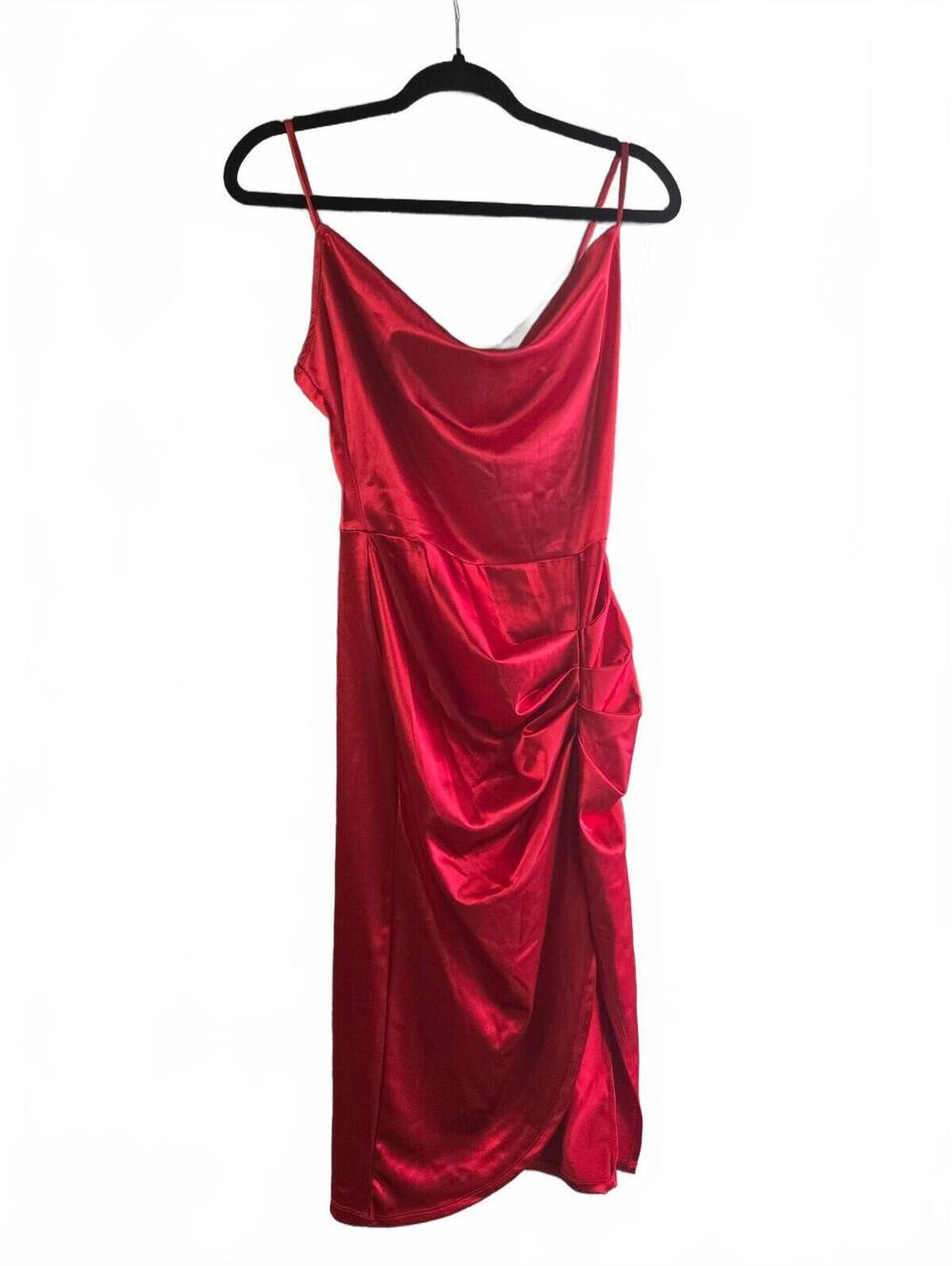 Popular 21 Red Satin Midi Dress with Draped Detail Size S